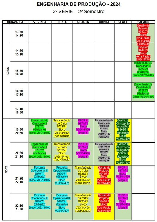 Horário 3ª Serie - 2º Semestre