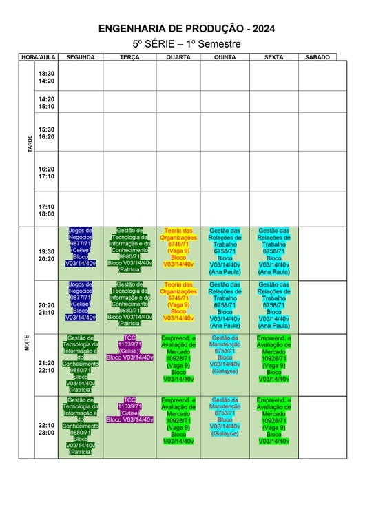 Horário 5ª Serie - 1º Semestre