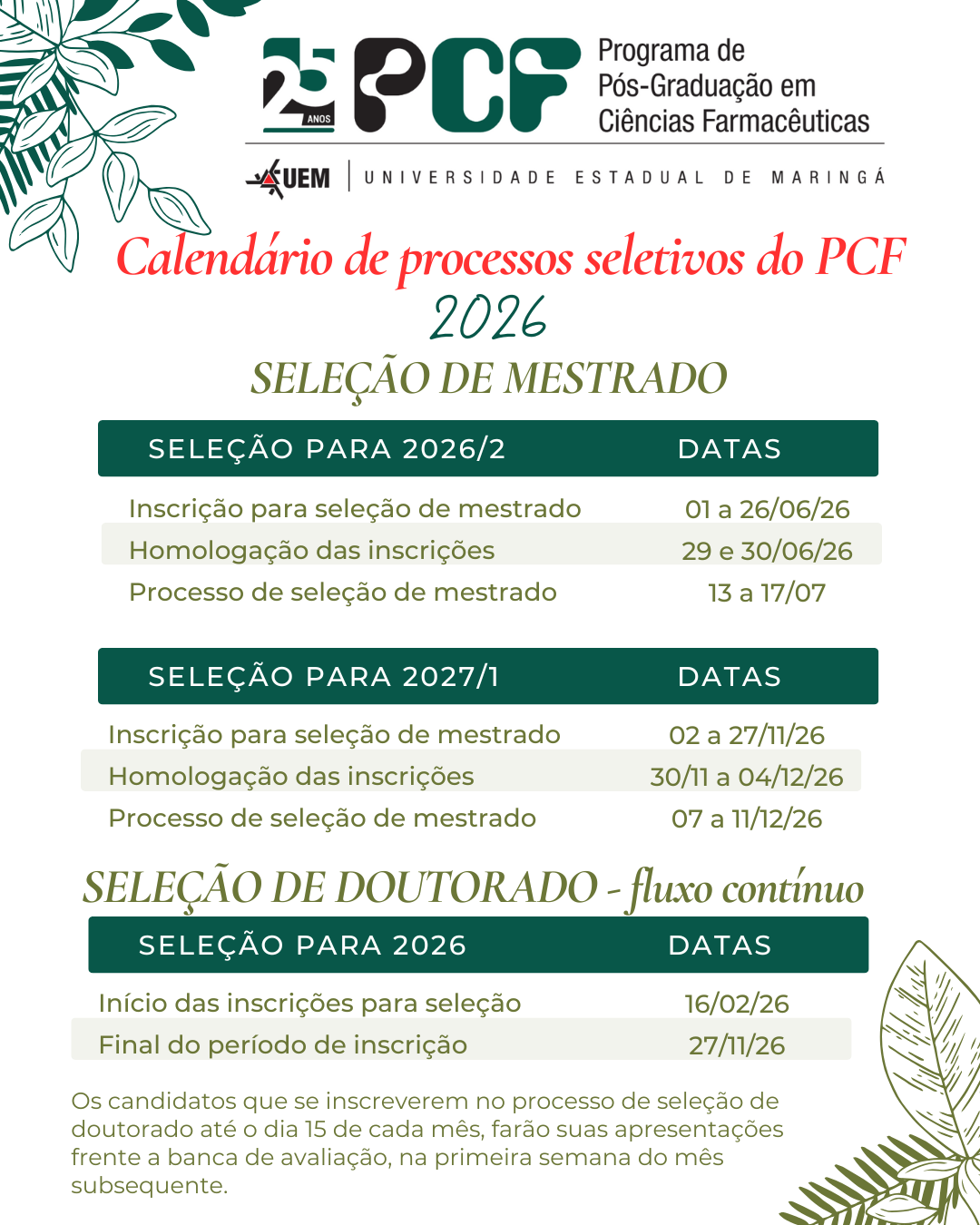 Calendário dos Processos seletivos para mestrado e doutorado