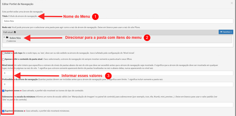 Configuração menu