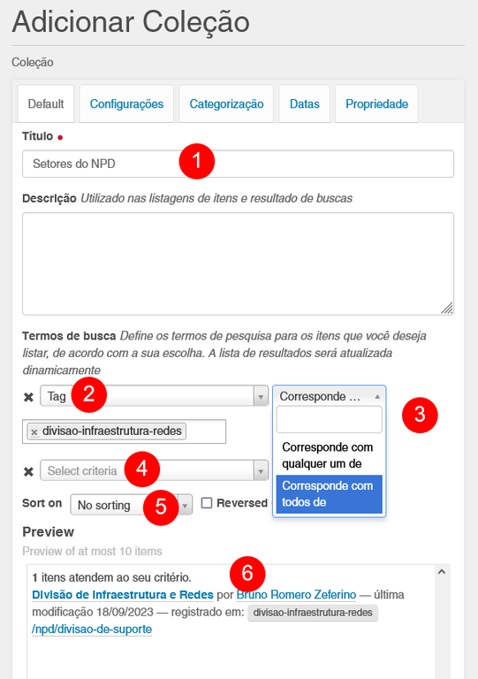 Configuração da coleção